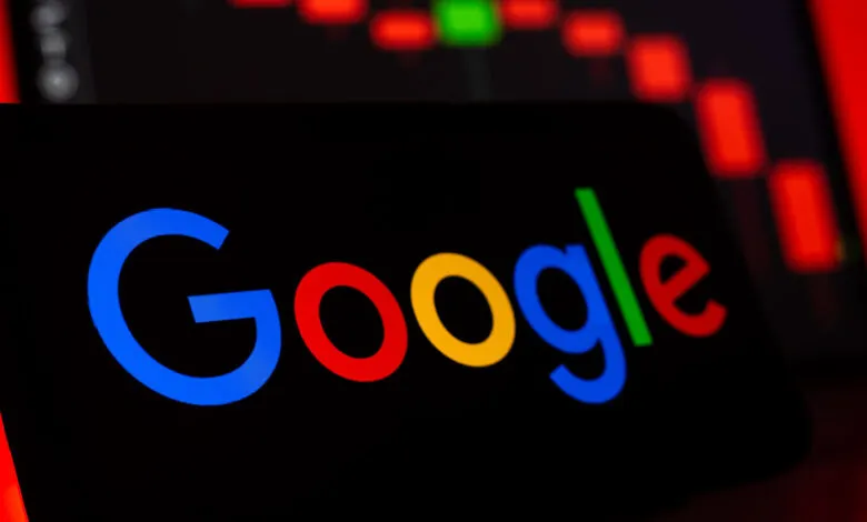 Google logo displayed on a screen with a stock chart in the background.