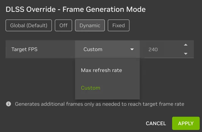 DLSS settings menu showing frame generation mode and target FPS options.