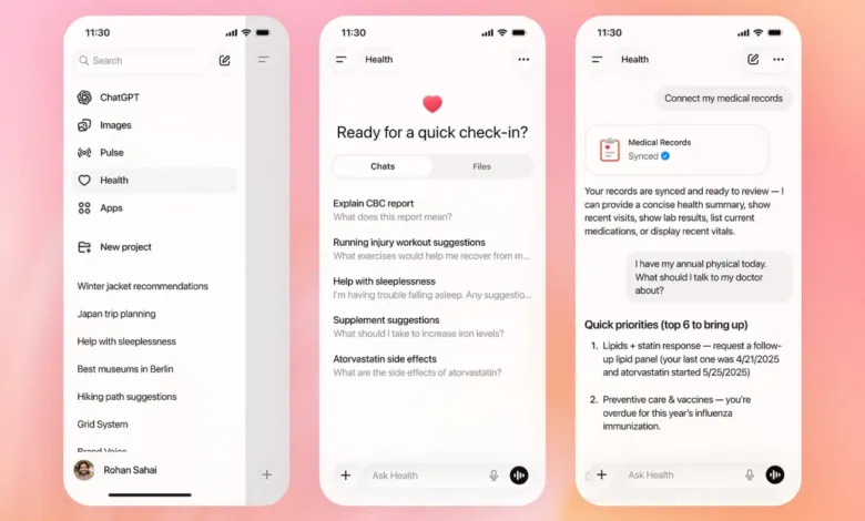 Screenshots of a health app interface with features like check-in, medical records, and quick priorities.