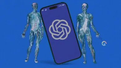 Anatomical figures flank a phone displaying the ChatGPT logo.
