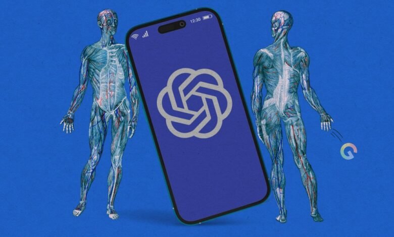 Anatomical figures flank a phone displaying the ChatGPT logo.