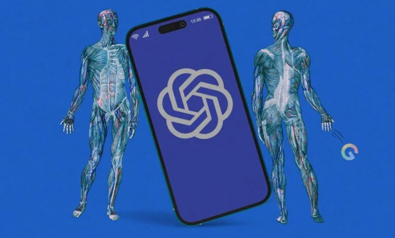 Anatomical figures flank a phone displaying the ChatGPT logo.