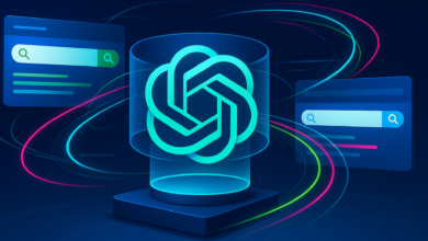 ChatGPT logo in a glass cylinder with search windows and colorful lines.