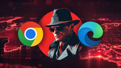 Chrome, Edge logos flank a shadowy figure in hat and sunglasses.