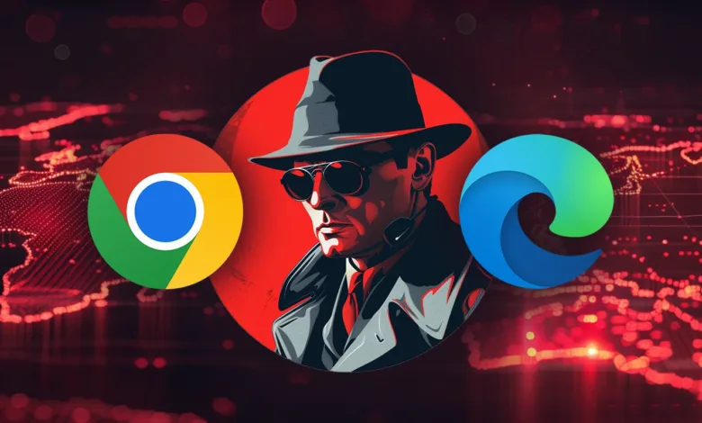Chrome, Edge logos flank a shadowy figure in hat and sunglasses.