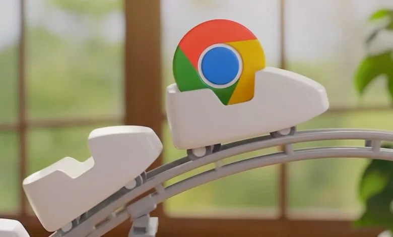 Chrome logo on a toy rollercoaster car, whimsical and fun.