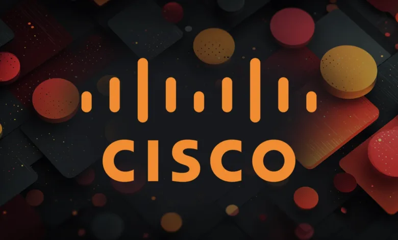 Cisco logo in orange against a dark geometric background.