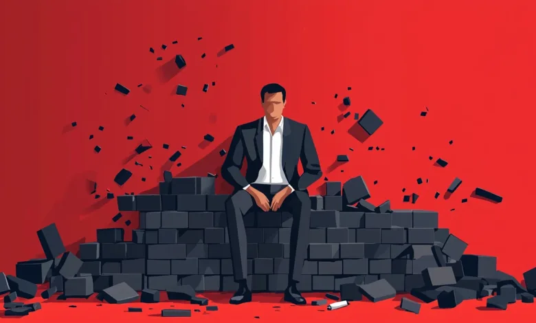 Man in suit sits atop crumbling brick wall against red backdrop.