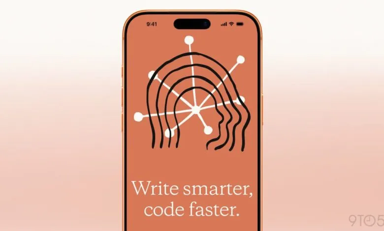 iPhone displaying 'Write smarter, code faster' with abstract head graphic.