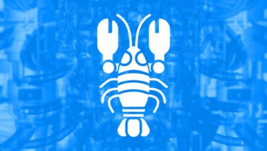White lobster icon on a blue mechanical background.