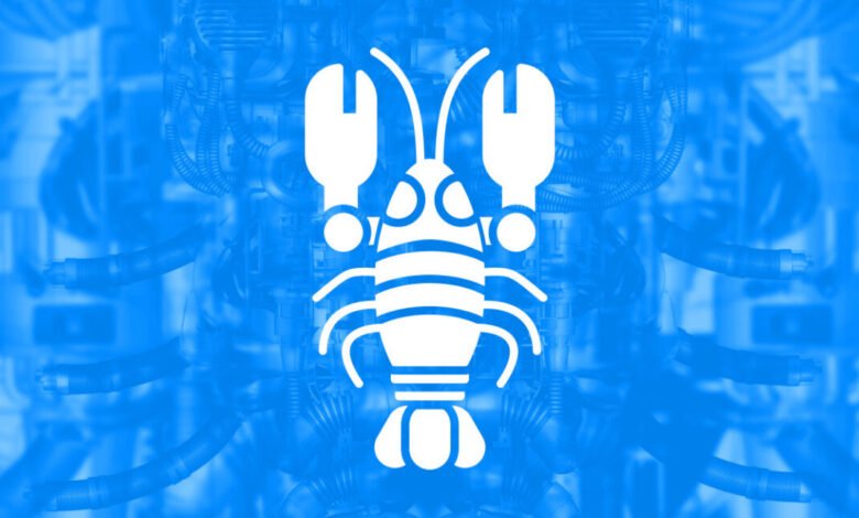 White lobster icon on a blue mechanical background.