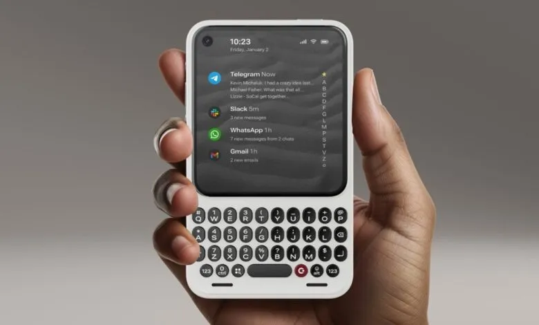 Hand holding smartphone with physical keyboard showing messaging apps.