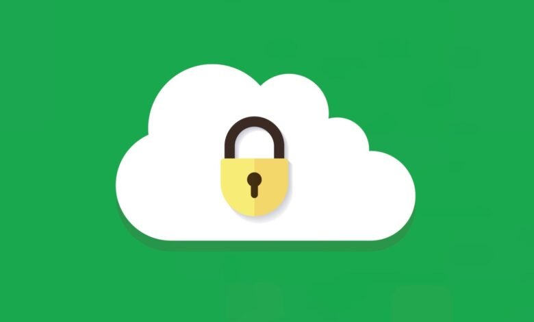 A white cloud with a gold padlock in front, on a green background.