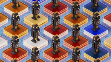 Isometric grid of retro robots on colorful platforms with circuit board pattern.