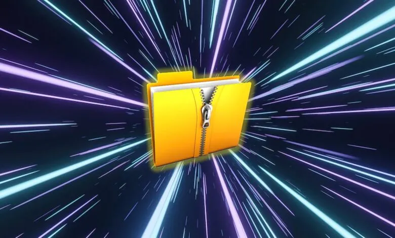 Yellow folder with zipper on a background of light rays.