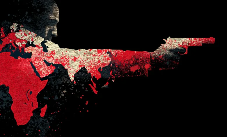 Abstract art depicting conflict with world map and gun.