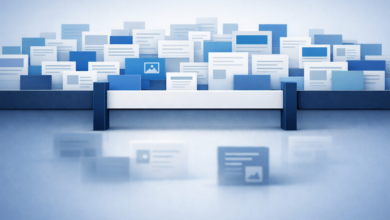 Abstract arrangement of blue and white cards on a platform.