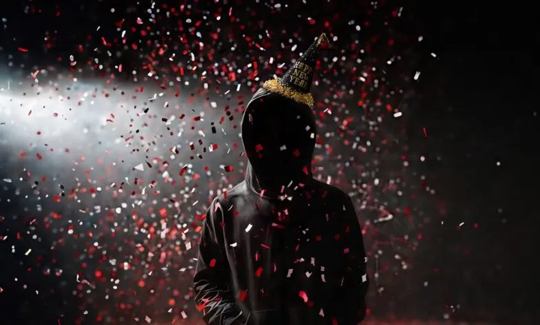 Person in hoodie and party hat amidst falling confetti.