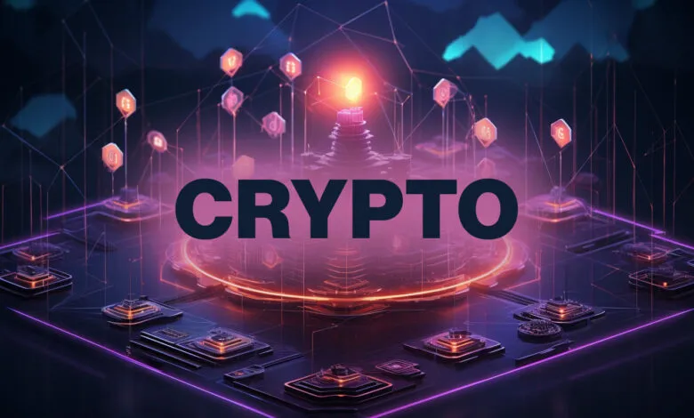 Futuristic crypto network with glowing symbols and the word 'CRYPTO'.