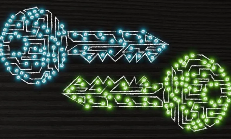 Two keys shaped like circuit boards, one blue, one green.