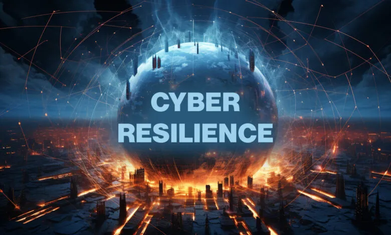 Cyber resilience concept: A globe surrounded by digital connections over a city.