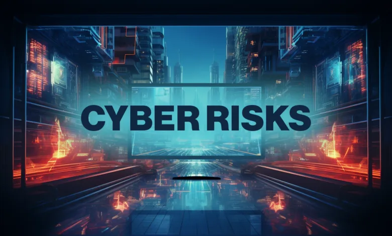 Cyber Risks text displayed on a futuristic screen with city backdrop.