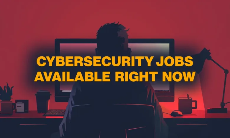 Person sits at desk with computer, text reads 'Cybersecurity Jobs Available Right Now'.