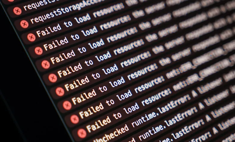 Browser console showing multiple 'Failed to load resource' errors.