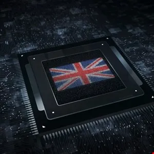 British flag displayed on a computer chip, symbolizing technology and the UK.