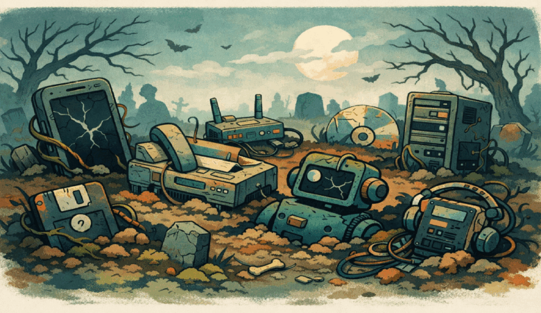 Graveyard scene with obsolete technology like a phone, floppy disk, and computer.