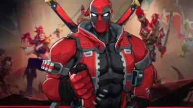 Deadpool in red and black suit with swords, other characters blurred.