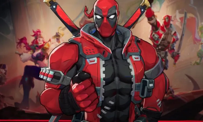 Deadpool in red and black suit with swords, other characters blurred.