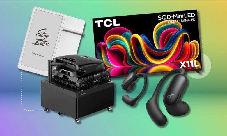 Assortment of electronics: e-reader, robot pool cleaner, TV, and headphones.