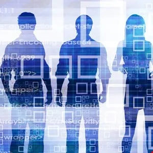 Silhouetted figures stand against a backdrop of digital code and geometric shapes.