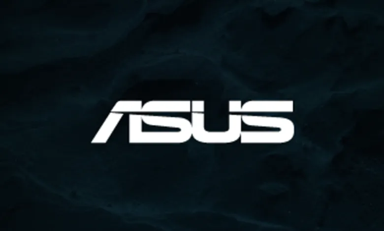 ASUS logo in white against a dark textured background.