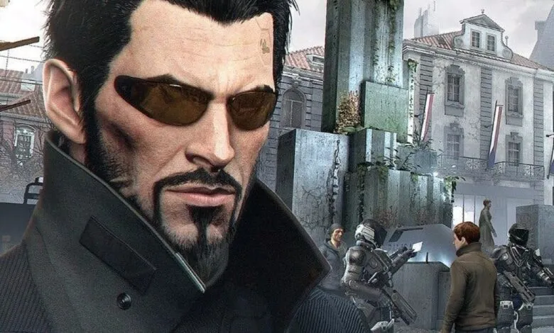 Adam Jensen from Deus Ex: Mankind Divided, wearing sunglasses and a trench coat.