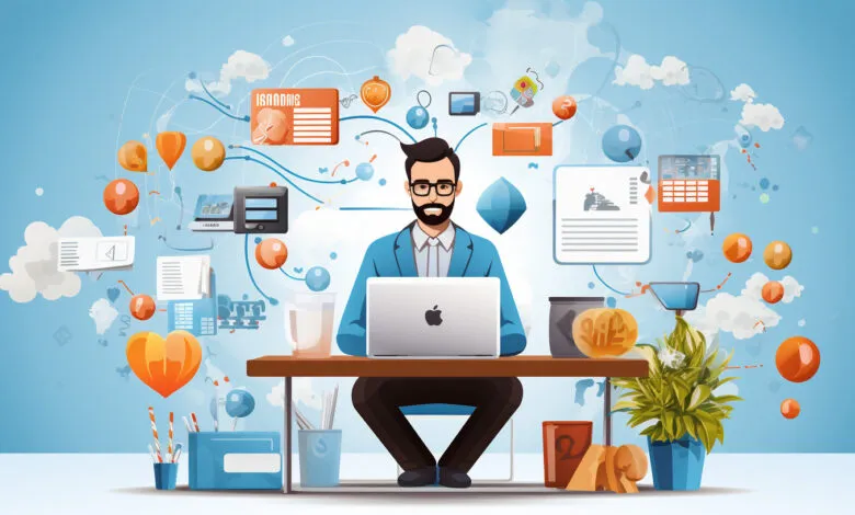 Man with laptop surrounded by digital icons, symbolizing online work.