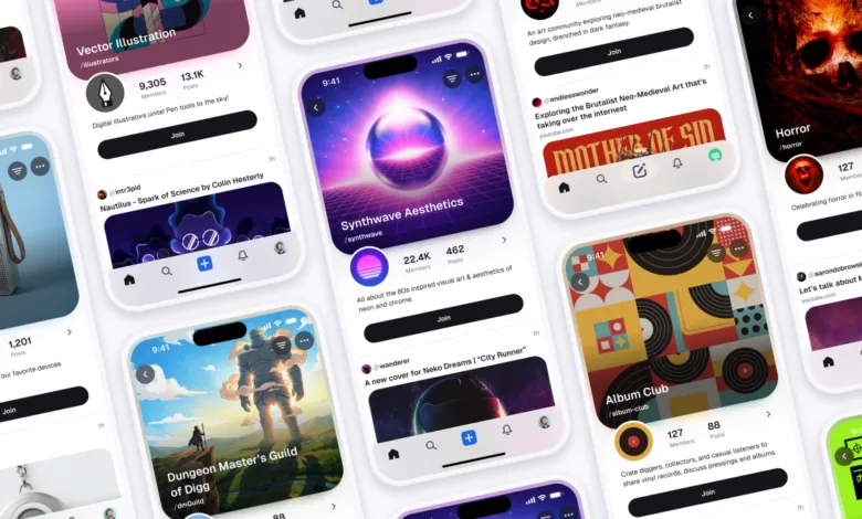 Screenshots of Digg communities on iPhones, showcasing different interests.