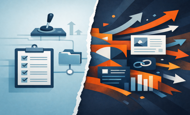 Split image showing control panel/checklist on left, growth arrows/charts on right.