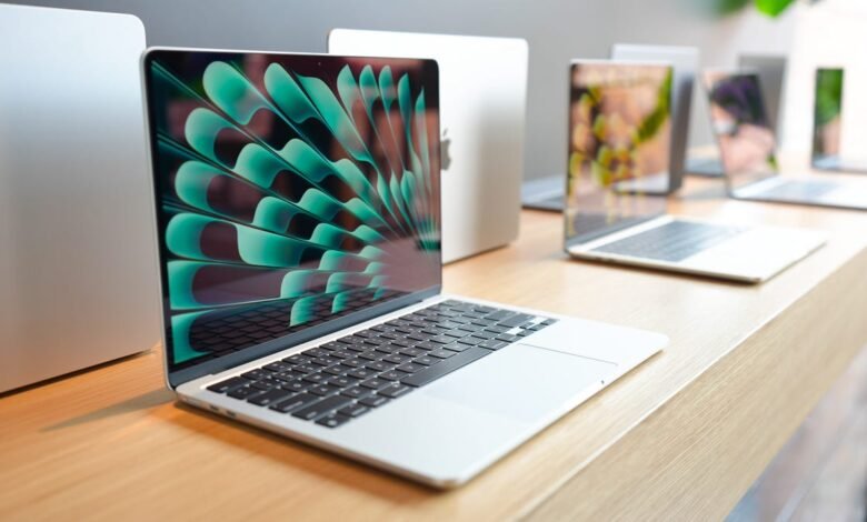 New Apple MacBook Air laptops displayed on a wooden table.