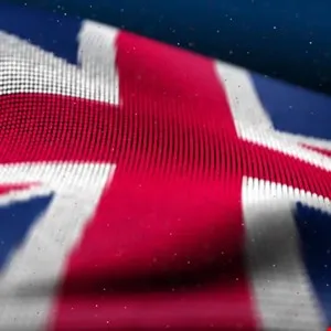 Abstract digital rendering of the United Kingdom flag waving.