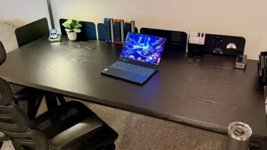 Dark wood desk with laptop, plant, and accessories, creating a modern workspace.