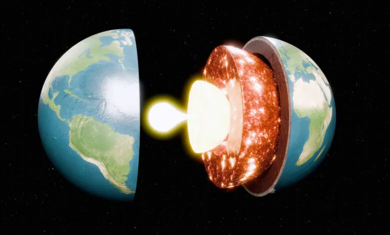 Earth's core exposed, revealing inner layers and geothermal energy.
