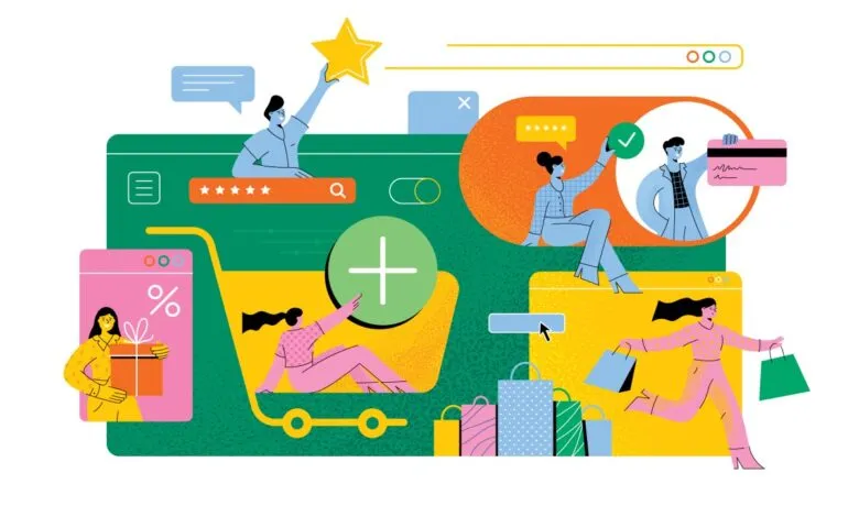 Illustration of people interacting with online shopping elements.