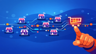 Online shopping concept with stores connected to a shopping cart.