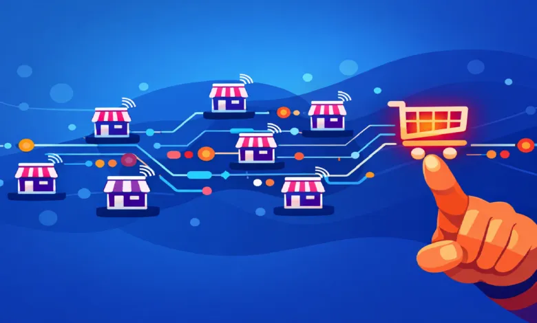 Online shopping concept with stores connected to a shopping cart.