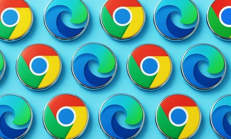 Chrome and Edge browser icons arranged in a pattern on blue background.