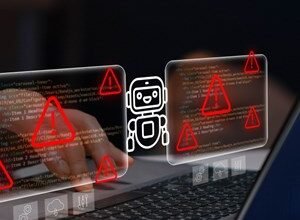 Hand interacting with laptop displaying code, robot icon, and warning signs.