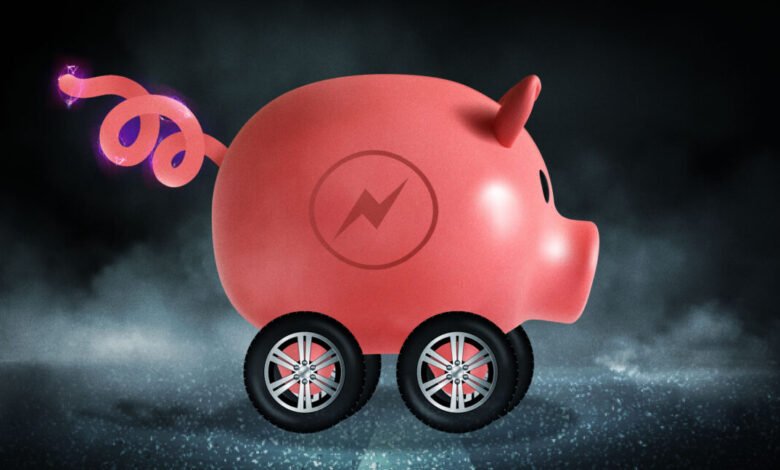 Pink piggy bank with wheels and electric tail on a dark, smoky background.