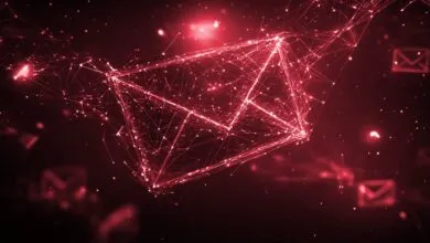 Red digital email envelope formed by connected dots and lines.